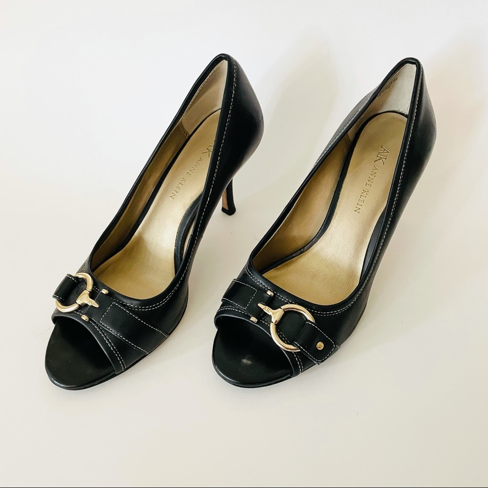 Anne Klein Black Open Toed Professional High Heels With Metal Buckle Accessory